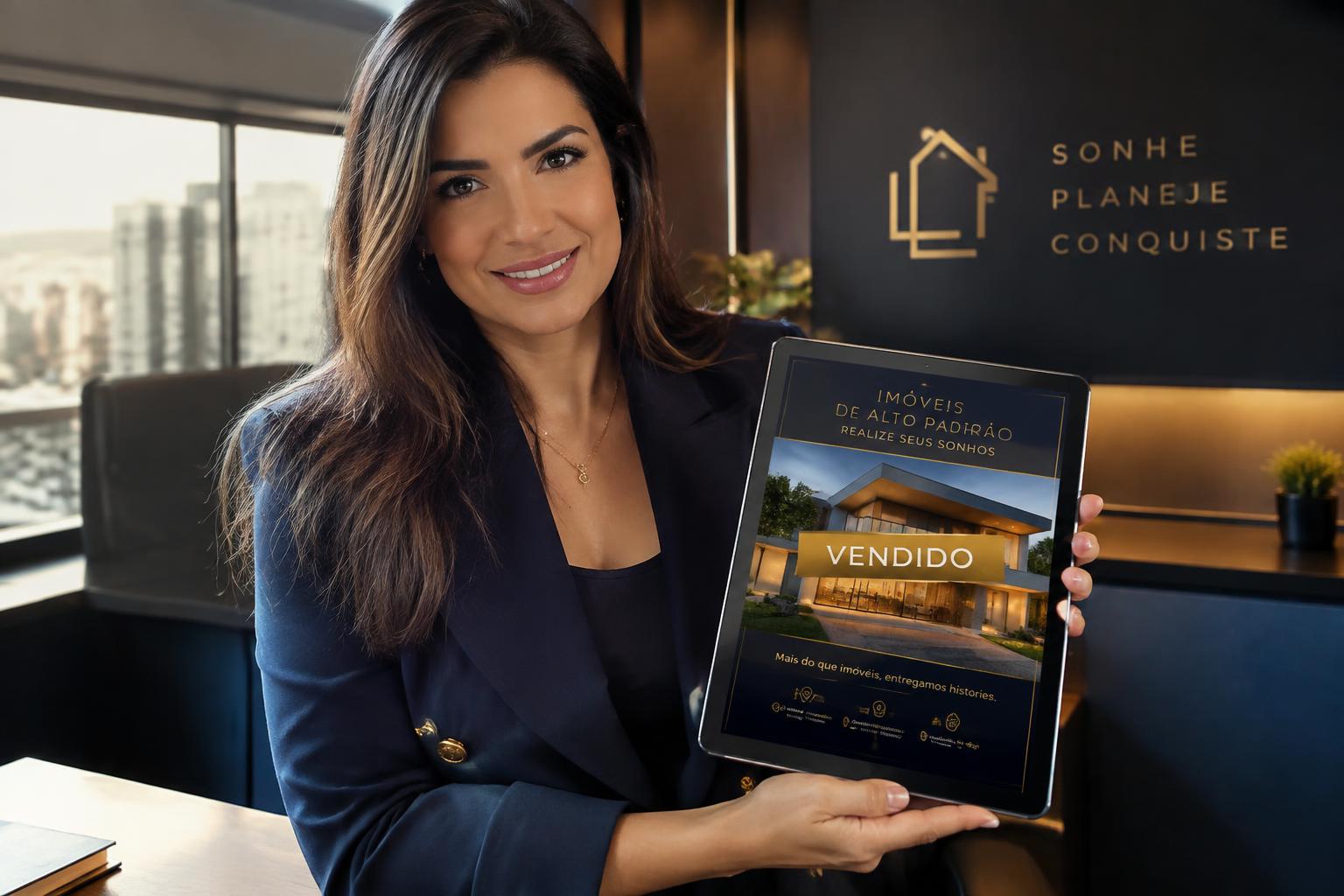 Corretora mostrando arte de campanha imobiliária pronta em um tablet